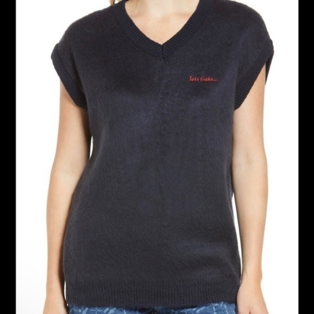Fluffy Navy Sweater Vest Soft Girl Cozy Knit V Neck L | Iets Frans